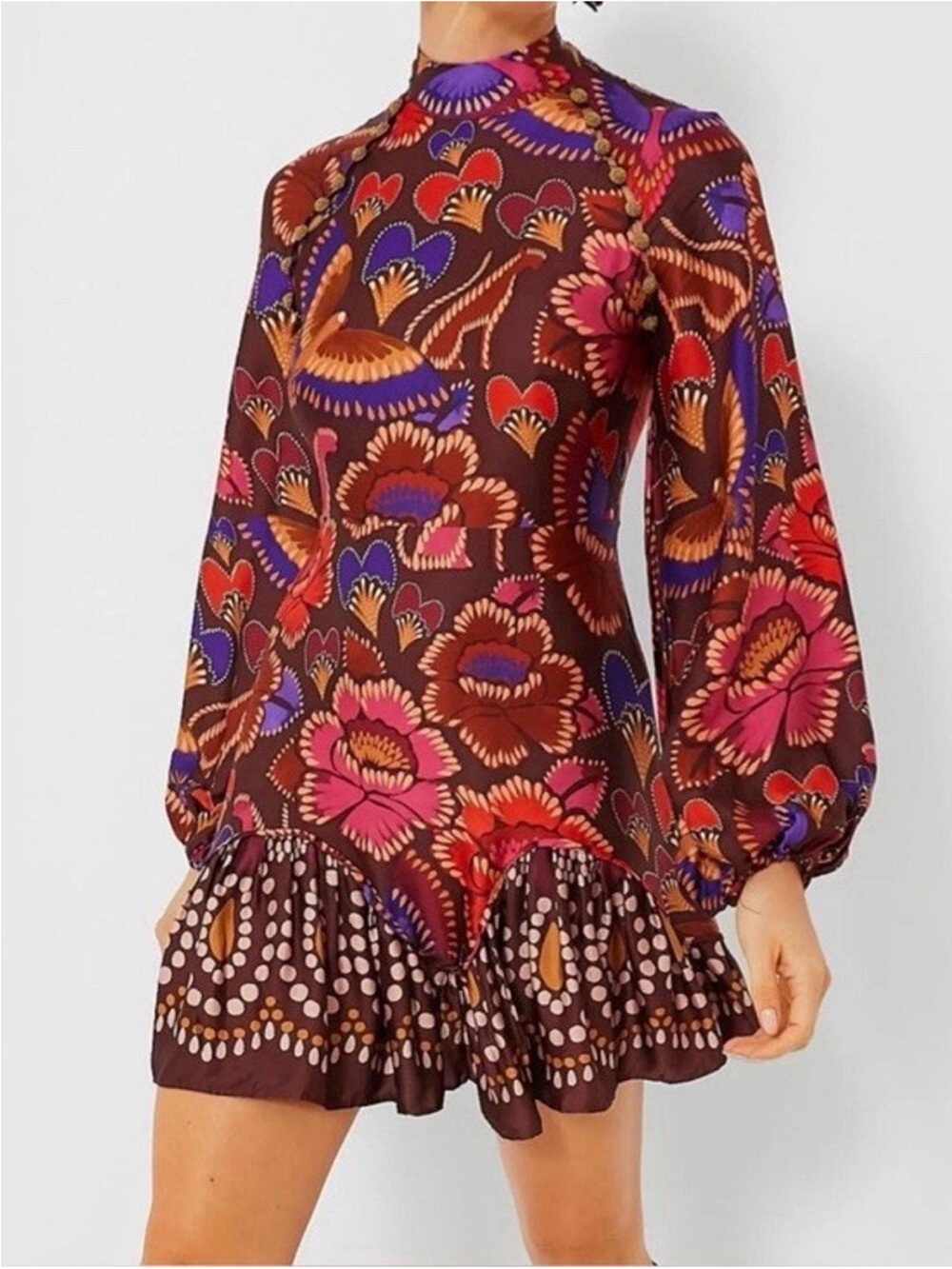 Farm Rio Bright Flora Floral Long-Sleeve Mini Dress Size XS FALL VIBES!